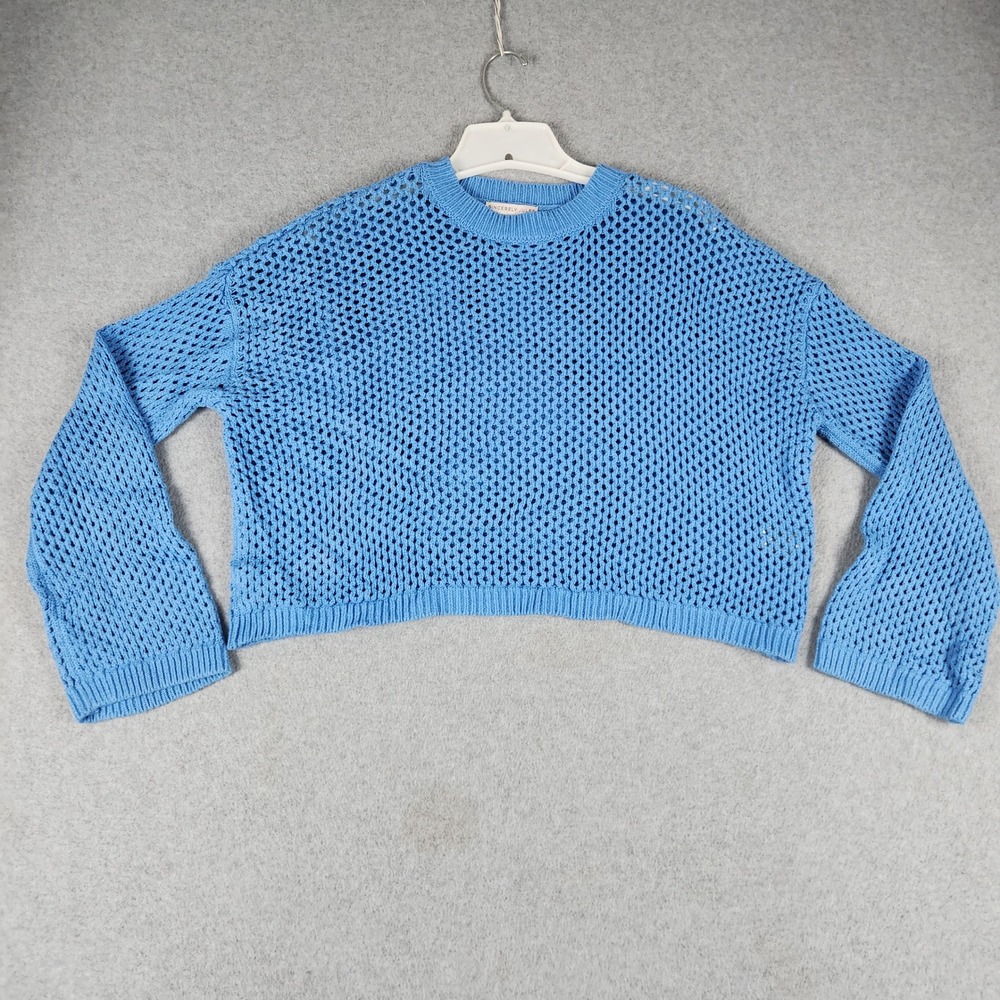 Sincerely Jules Sweater Womens S Blue Open Knit Crochet Relaxed Boxy Crew Neck